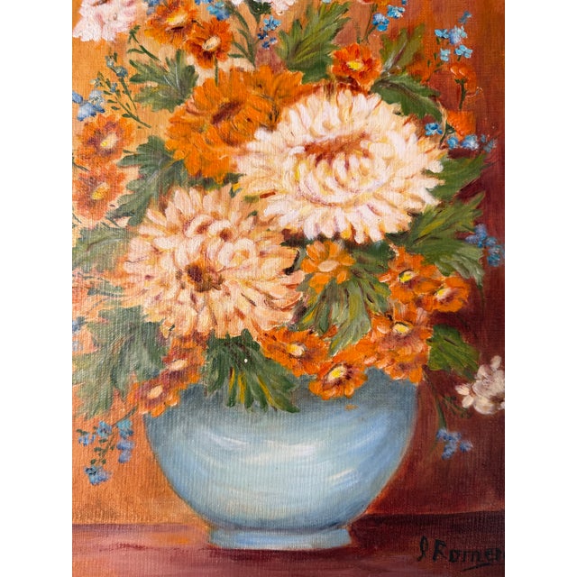 1980s Vintage J. Romero Floral Still Life Oil on Artist Board Painting, Gold Wood Framed For Sale - Image 10 of 13