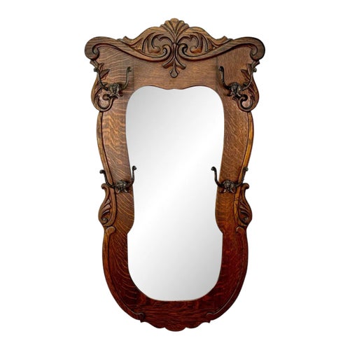 Antique Large Victorian Oak Entryway Wall Mirror W/ Hat Hooks