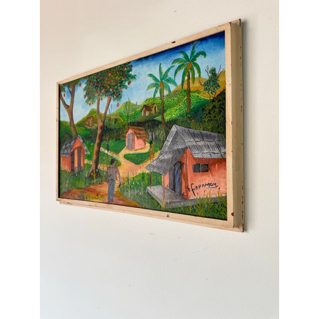 Abstract 1970s Vintage Haitian Folk Art Landscape Oil Painting by F. Faramon For Sale - Image 3 of 12