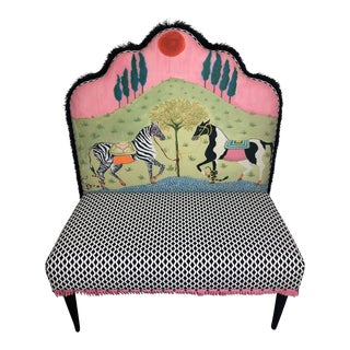 Contemporary Velveteen Plush Settee With Sunbrella Seat and Black Fringe For Sale