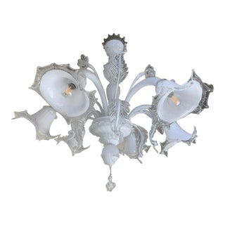 Transparent and Milky-White Murano-Style Venetian Glass Chandelier With Floral and Leaf Accents For Sale