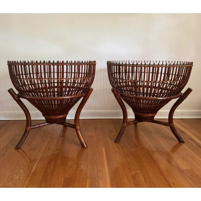 Rattan Fishing Basket Side/End Tables in Style of Franco Albini. Original beautiful round side tables with glass tops.