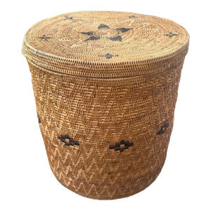 Large Vintage Indonesian Hand -Woven Lombok Storage Basket With Lid