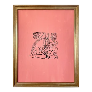 Original Pink Ink Painting of a Woman Reclining With Cat by Max and Alma
