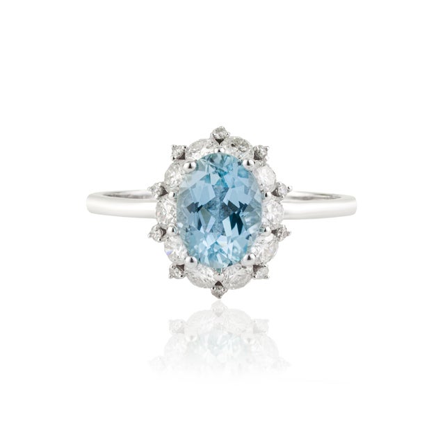 1.38ct Aquamarine & Diamond Vintage Statement Ring in 14k White Gold Size 9 For Sale - Image 4 of 15