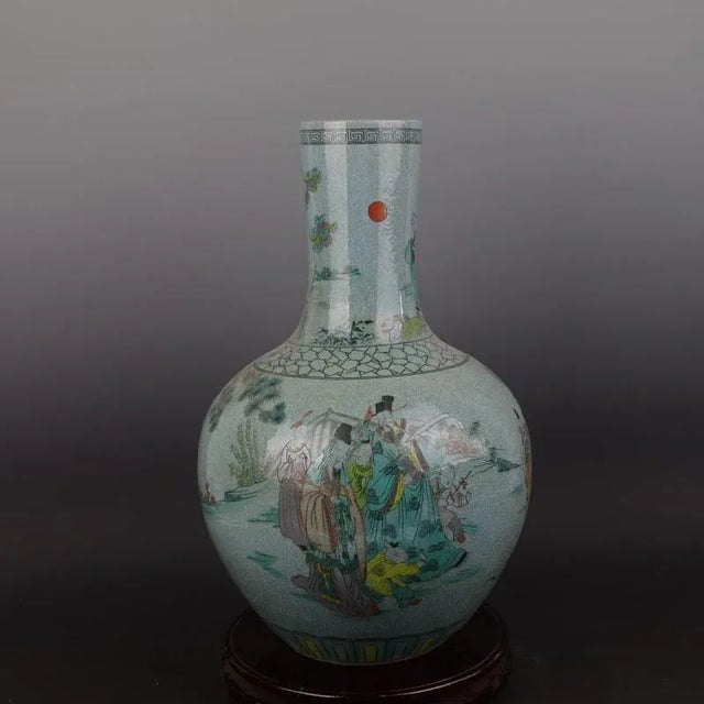 Chinese Chinese Vintage Porcelain Vase Qing Dynasty Qianlong Marked Crackle Glaze Famille Verte Porcelain Tianqiu Vase Hand Painted Figures Pattern For Sale - Image 3 of 8