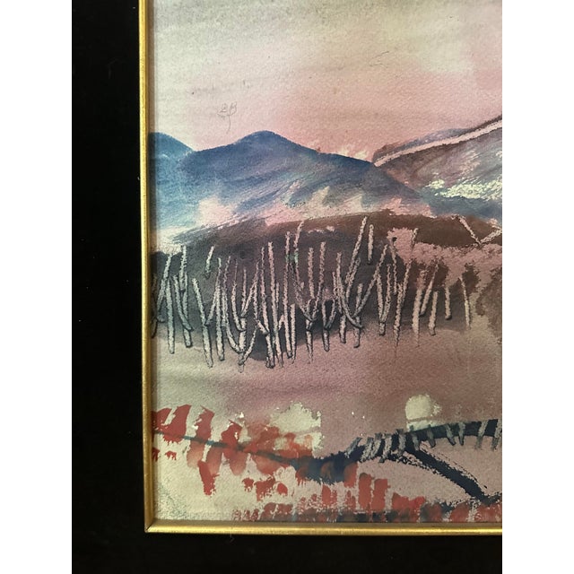 Mid-Century Abstracted Watercolor &Amp; Wax-Resist Mountain Landscape by Mina Tabuena. For Sale - Image 10 of 12