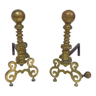 Antique Georgian Style Brass Ball-Top Andirons—A Pair For Sale