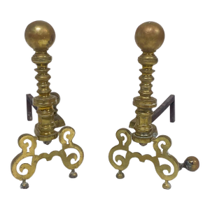 Antique Georgian Style Brass Ball-Top Andirons—A Pair