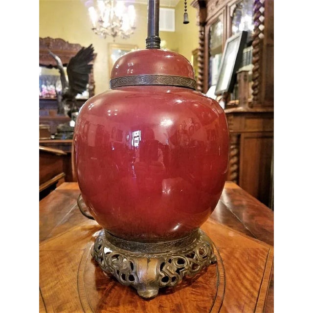 Metal American Dedham Style Pottery Sang De Boeuf & Gilt Bronze Table Lamp For Sale - Image 7 of 13
