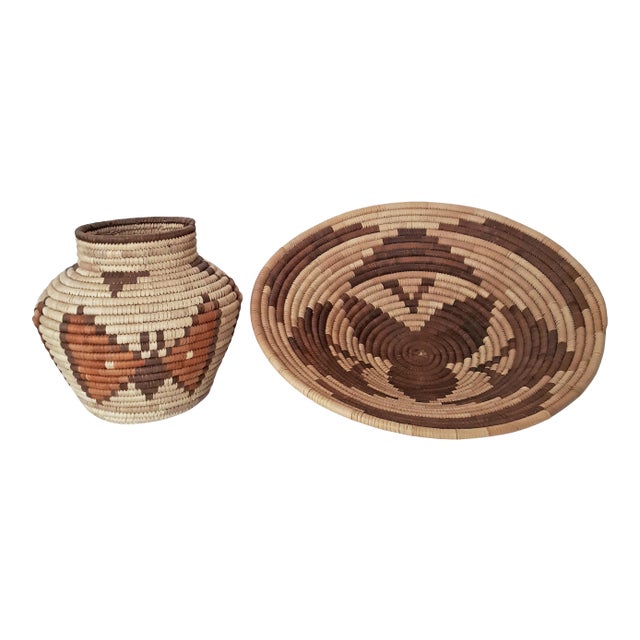 Vintage African Tribal Style Hand Woven Coil Baskets - 2 Piece Set For Sale