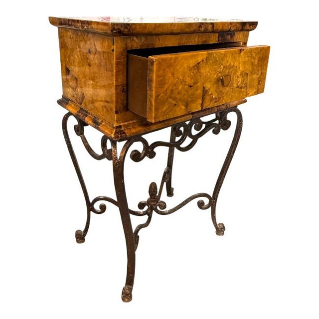 Spanish Revival Vintage Tessellated Burl Wood Table on Wrought Iron Base For Sale - Image 3 of 8