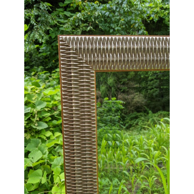 Wood 1990s Art Deco Woven Geometric Silver Wood Framed Beveled Mirror by Majestic For Sale - Image 7 of 10
