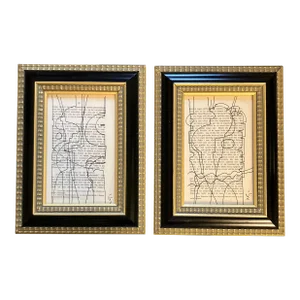 Contemporary 2 Wayne Cunningham Abstract Ink Drawings Signed and Framed - a Pair