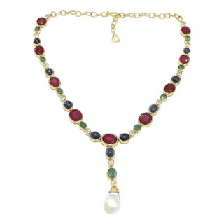 Bochic “Capri” Vintage Ruby, Emerald & Sapphire Necklace Set in 18K & Silver For Sale