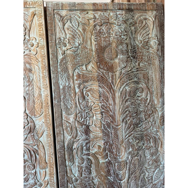 Hand-Carved Tree of Life Wall Panel – Blue Washed Rustic Wood Art, Vintage Barn Door 80 For Sale In Orlando - Image 6 of 8