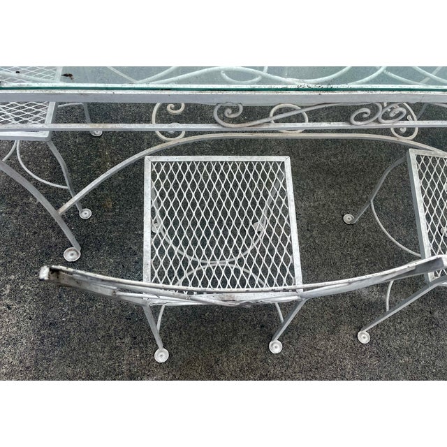 Metal Mid 20th Century Grape Leaf & Vine Wrought Iron Outdoor Patio Table W/Glass Top & 6 Mesh Seat Chairs For Sale - Image 7 of 12
