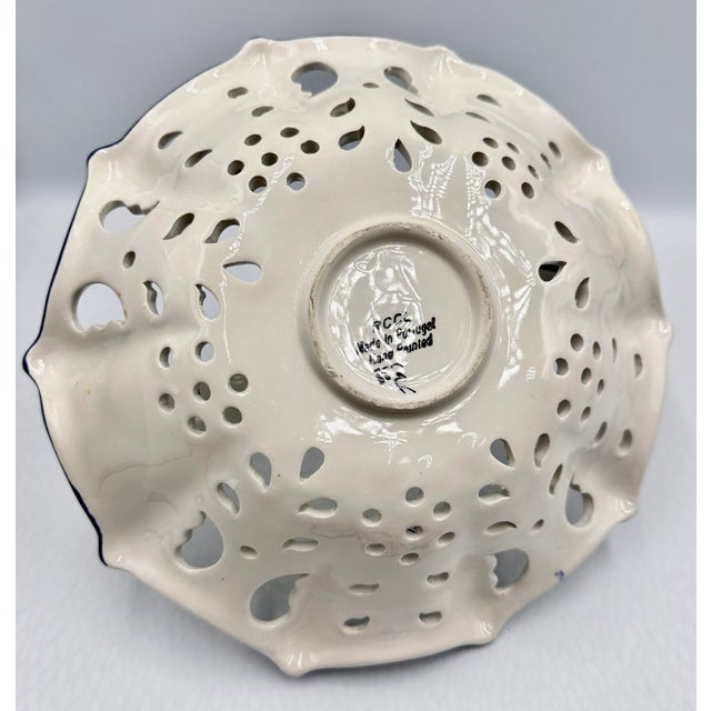 Blue RCCL Ceramic Hand Painted Floral Fruit Basket Braided Handle & Bowl Set Portugal For Sale - Image 8 of 8