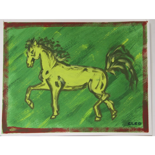 Expressionist horse a la Matisse, over a wash of textured shades of green. Abstract landscape in muted colors of olive...