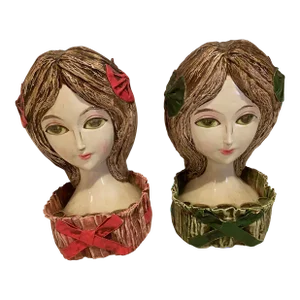 Pair of Vintage 1960s Paper Mache Big Eyed Girl Lip Stick Holders