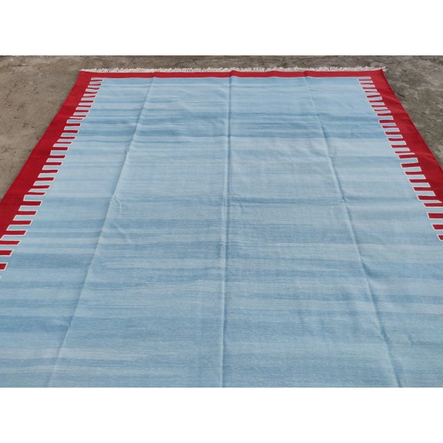 Textile Handmade Cotton Zig Zag Patterned Rug, Sky Blue and Red Bordered Dhurrie - 12'x15' For Sale - Image 7 of 10