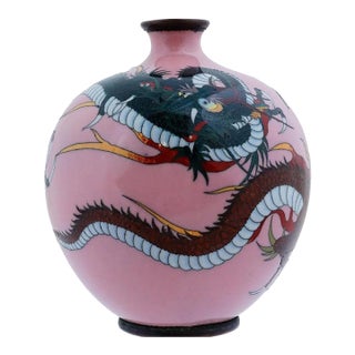 Antique Meiji Japanese Cloisonne Pink Enamel Goldstone Vase Dragons For Sale