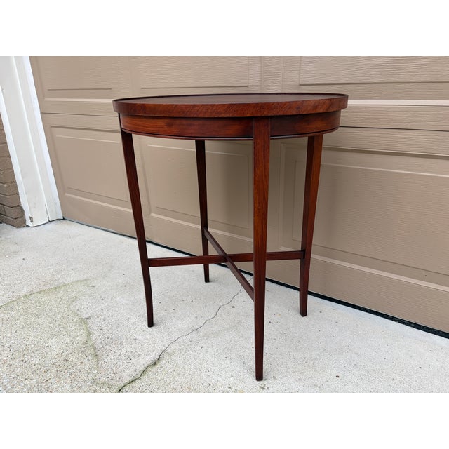 1930s 1930s Regency-Style Mahogany Oval Side Table With Cross-Stretcher Base For Sale - Image 5 of 11