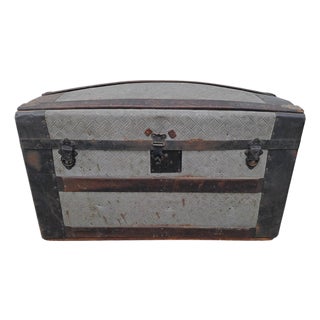 Antique Fitted Embossed Tin Dome Top Humpback Steamer Travel Trunk Chest For Sale