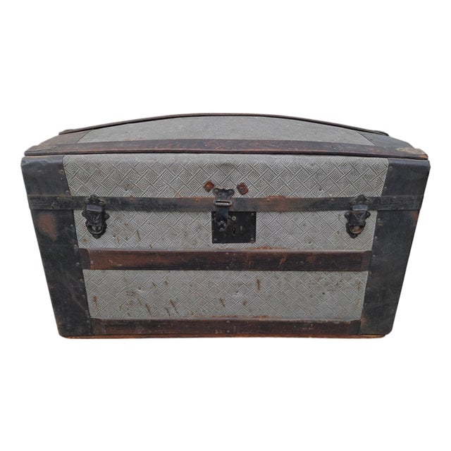 Antique Fitted Embossed Tin Dome Top Humpback Steamer Travel Trunk Chest For Sale