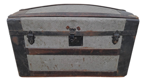 Antique Fitted Embossed Tin Dome Top Humpback Steamer Travel Trunk Chest