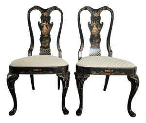 Vintage Custom Dining Room Side Chairs Chinoiserie Black Lacquer Pan Asian- a Pair