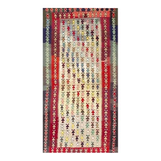 Mid Century Modern Ivory Field Geometric Turkish Kilim 4' 8" X 9' Small Wool Rug For Sale