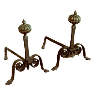 Antique Andirons with Wrought Metal Knobs, Set of 2 For Sale
