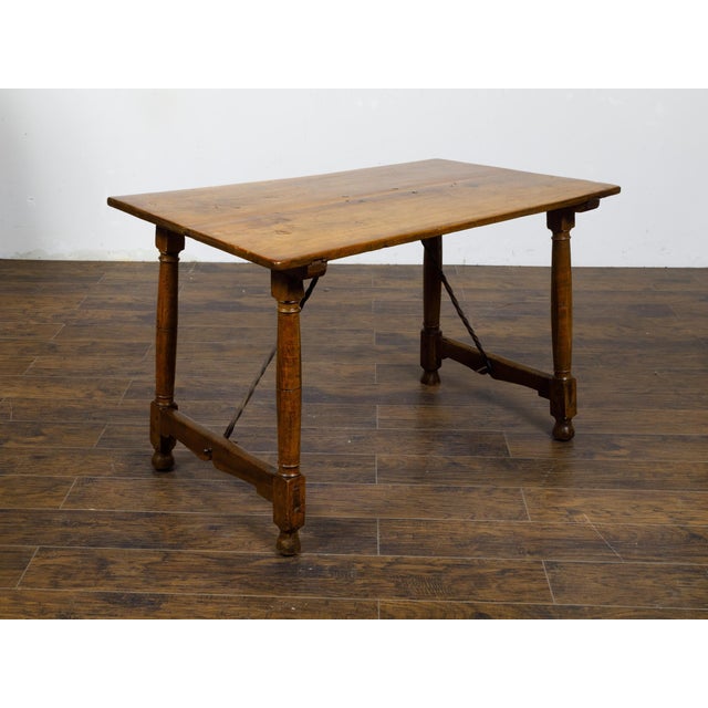 19th Century Italian 19th Century Walnut Console Table with Column Legs and Iron Stretchers For Sale - Image 5 of 12