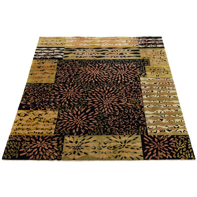 Green Modern Hand-Knotted Wool Area Rug – Abstract Botanical Floral Burst & Patchwork For Sale - Image 8 of 12
