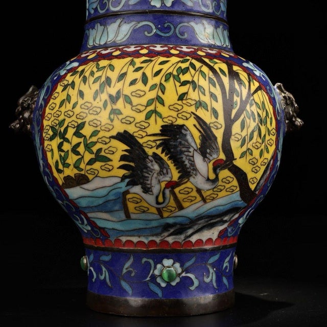 Pair of Chinese Cloisonné "Crane & Willow" Vases With Beast Handles - 15.8 LBS For Sale In Los Angeles - Image 6 of 9