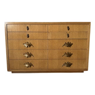 Vintage Hollywood Regency Lorin Jackson for Grosfeld House Oak Dresser With Brass Leaf Pulls For Sale