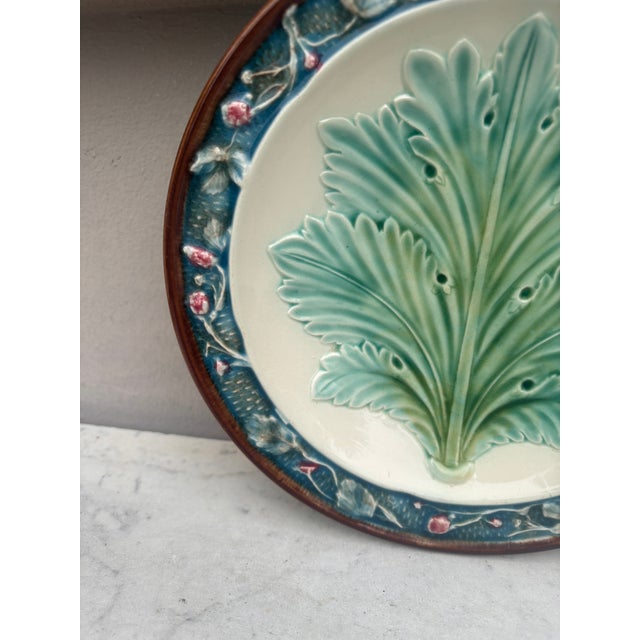 French Country Rare 19th Century French Majolica Leaf Plate Longchamp For Sale - Image 3 of 4