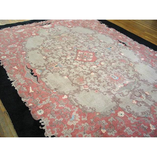 1920s Pink Rose Floral Antique Chinese Art Deco Rug 9'2" X 11'10" Handknotted Wool Carpet For Sale In New York - Image 6 of 6