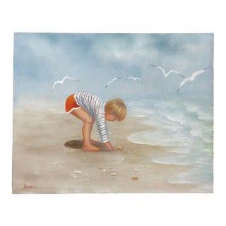 Circa 1970, Oil on Canvas Child Playing on Beach For Sale