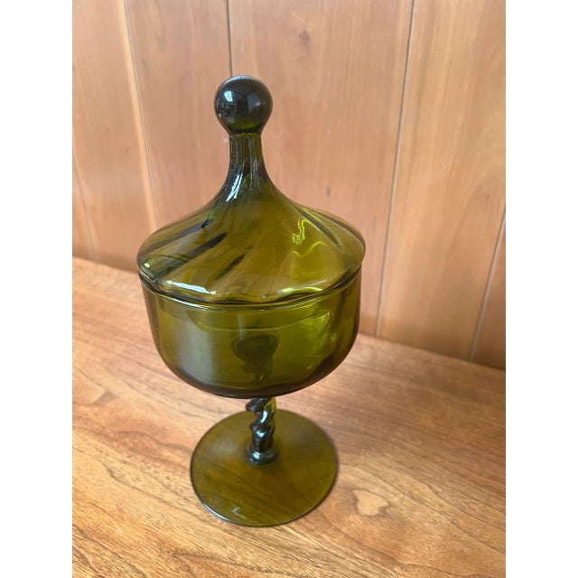 Mid-Century Modern Vintage Olive Green Hand Blown Empoli Compote For Sale - Image 3 of 10