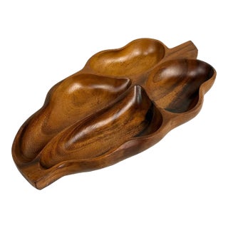 Mid-Century 19" Monkey Pod Wood Divided Centerpiece Leaf Bowl For Sale