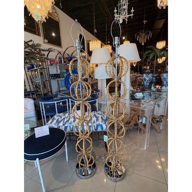 Amazing pair of vintage 1970s bamboo & chrome floor lamps. Made in Italy. the chrome has all been taken apart and hand...