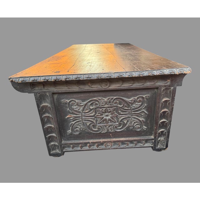Renaissance Antique Carved Wood Cassone Blanket Chest Trunk Coffee Table 60” Renaissance For Sale - Image 3 of 10