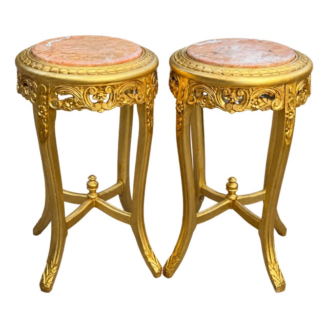 1950s Artisan Louis XVI Gold Beech Marble Side Tables-Pair For Sale