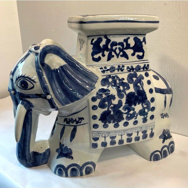 Vintage Blue and White Ceramic Elephant Garden Plant Stand For Sale In Dallas - Image 6 of 8