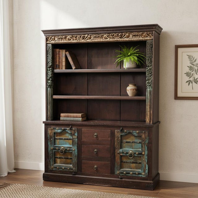 Dimensions: 70" W x 16" D x 90" H This stunning one-of-a-kind bookcase cabinet is crafted entirely from salvaged antique...