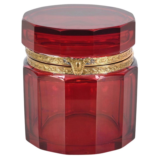 Ruby Red and Gilt Silver Faceted Murano Glass Jewelry Box, Italy, 1920s For Sale