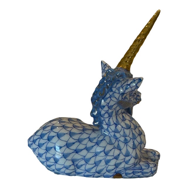 Classic Sapphire Blue Fishnet Pattern Herend Hand Painted Reclining Unicorn W/ 22k Gold Accents For Sale