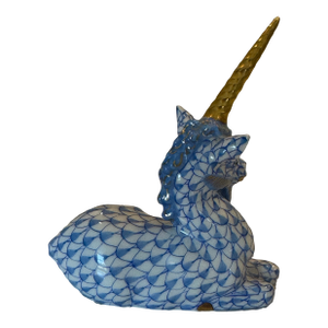 Classic Sapphire Blue Fishnet Pattern Herend Hand Painted Reclining Unicorn W/ 22k Gold Accents